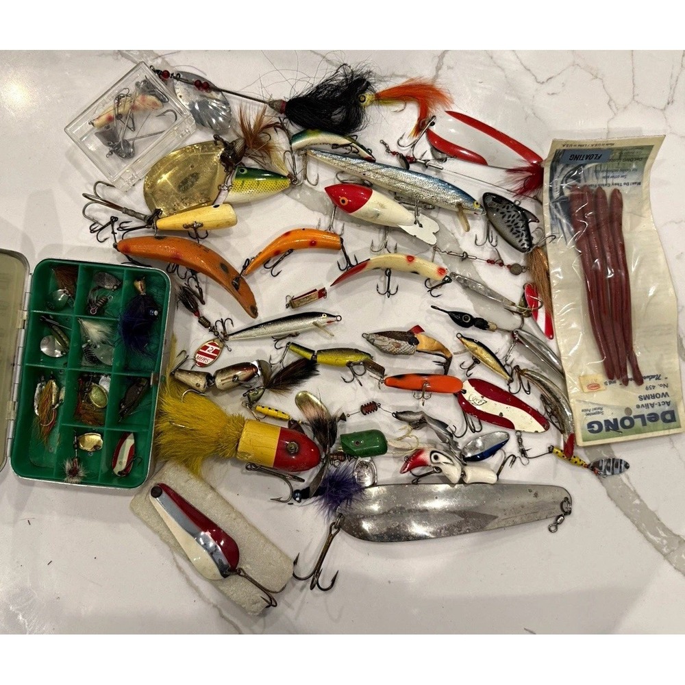 Large Vintage Fishing Lure Lot Dardevle Spoons Plugs Flies Tackle